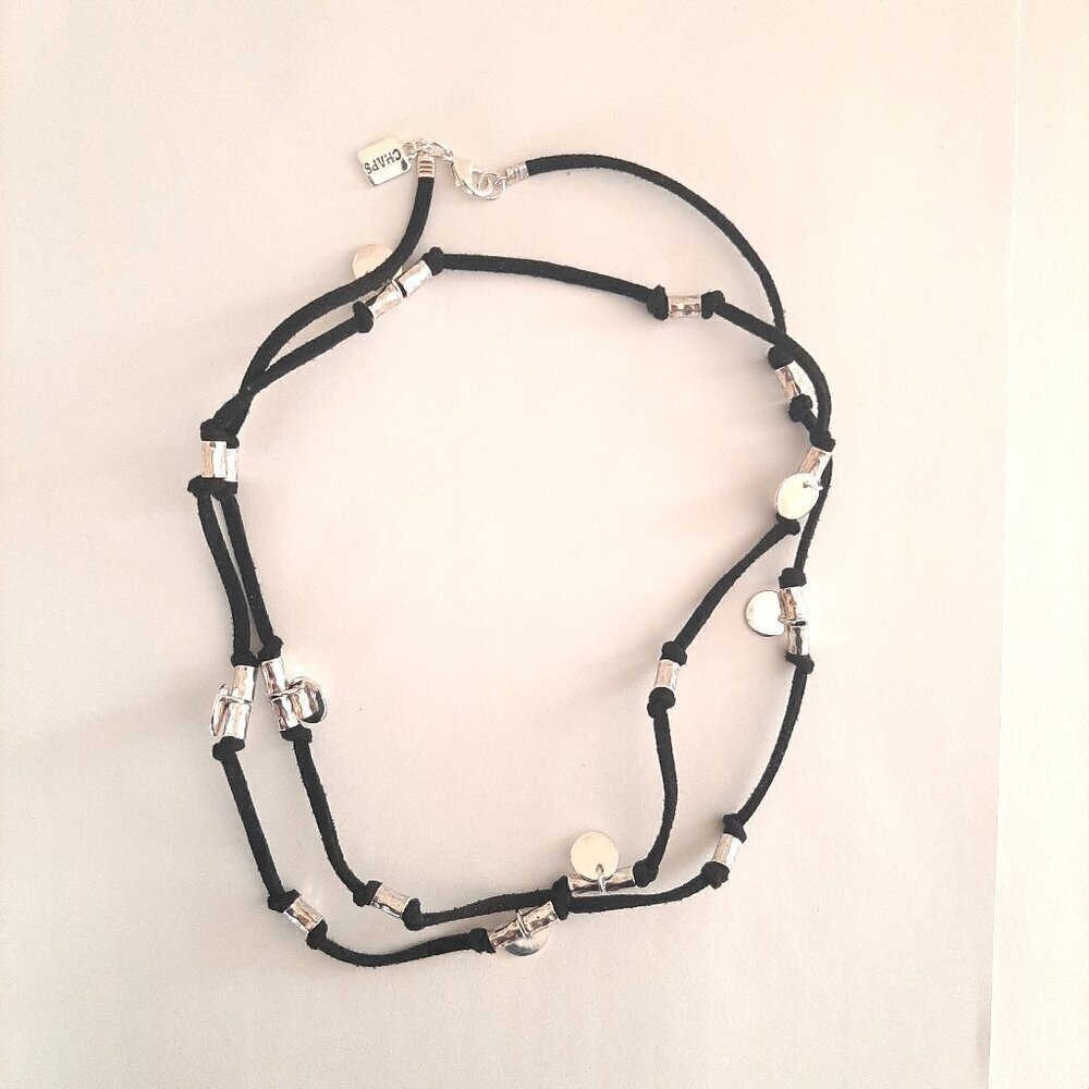 Chaps Black Cord Long Necklace with Silver Metal Accents/Beads